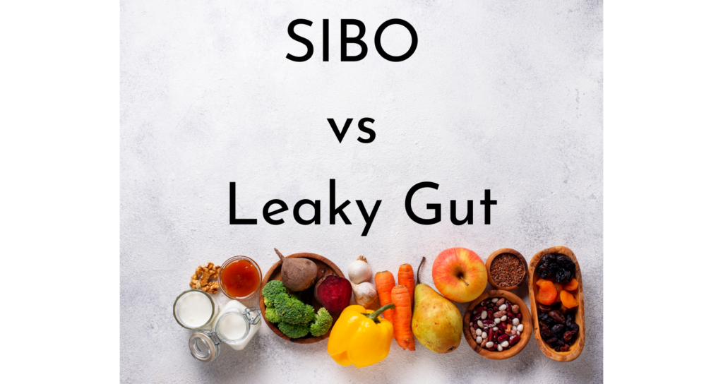 fruits and vegetables on the bottoms with SIBO vs Leaky Gut written on the top of the picture  