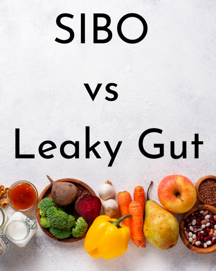 fruits and veggies with writing of sibo vs leaky gut